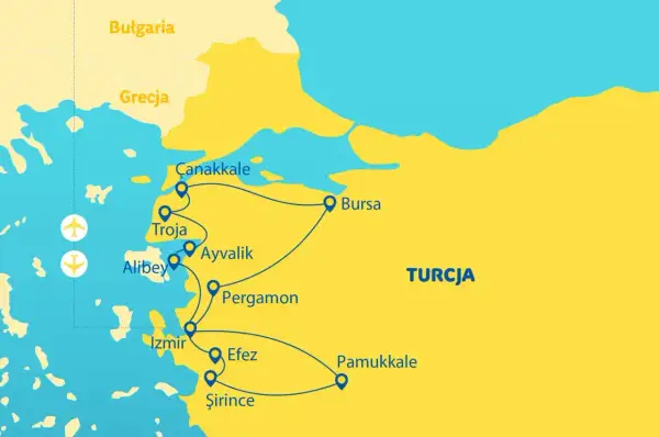 Mapa Turcji z zaznaczonymi miastami: Çanakkale, Troja (gdzie leżała Troja), Ayvalik, Pergamon, Izmir, Efes, Şirince, Pamukkale i Bursa. Widać też Bułgarię i Grecję.