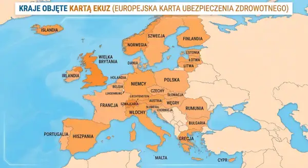 Mapa Europy z zaznaczonymi krajami objętymi EKUZ. Od Portugalii po Grecję, od Islandii po kraje bałtyckie – wszędzie tam EKUZ zapewnia ubezpieczenie.