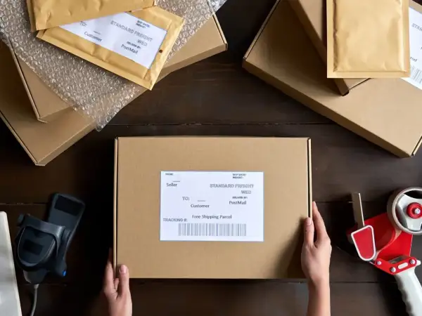 Ręce trzymają paczkę z etykietą "Free Shipping Parcel". Obok skaner, taśma klejąca i inne kartony, gotowe do wysyłki. To idealny przykład, jak działają pkp intercity przesyłki konduktorskie.