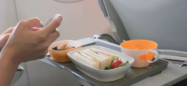 Na tacy w samolocie kanapki i przekąska. Czy w bagażu podręcznym można mieć jedzenie? Tak, jak widać na zdjęciu.