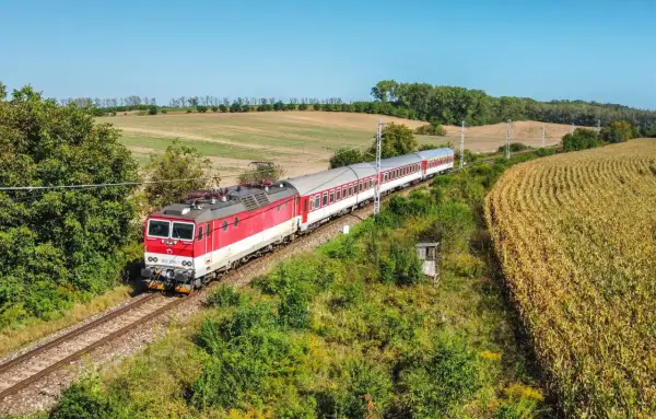 Czerwono-biały pociąg słowacki mija pole kukurydzy i zielone wzgórza w słoneczny dzień.