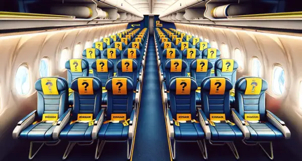 Puste siedzenia w samolocie Ryanair, z pytajnikami zamiast numerów. Jak sprawdzić miejsce w samolocie lot?