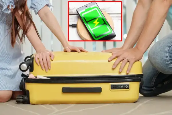 Para podróżnych zamyka żółtą walizkę. Telefon na ładowarce bezprzewodowej pokazuje pełną baterię, idealny na podróż z Wizzair, gdzie przyda się powerbank.
