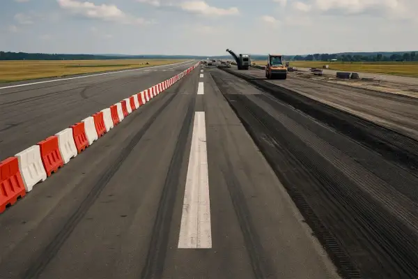 Pas startowy w remoncie, z pomarańczowym walcem i frezarką. Wygląda na to, że lotniska są zamknięte na czas prac.