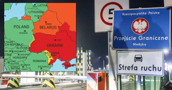 Mapa Europy Wschodniej obok znaku "Przejście Graniczne Medyka" i "Strefa ruchu". W tle widać przejście graniczne, które może być jednym z miejsc na liście najniebezpieczniejsze kraje świata.