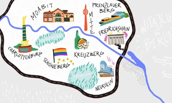 Mapa Berlina z zaznaczonymi dzielnicami, jak Kreuzberg, Friedrichshain, Neukölln, które bywają określane jako niebezpieczne dzielnice Berlina.