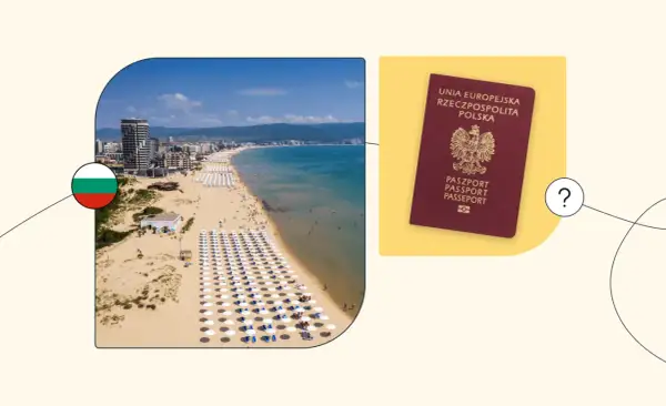Widok na plażę w Bułgarii i polski paszport z pytajnikiem.